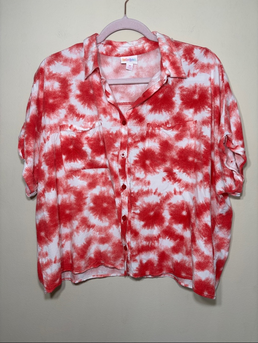 LuLaRoe Red and White Tie-Dye Button Down Shirt